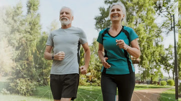 Active seniors wearing MOMO SHOP magnetic therapy bracelets for joint pain relief and healthy lifestyle while jogging