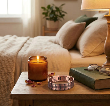 MOMO SHOP copper magnetic bracelet on a nightstand as part of a calming bedtime ritual for sleep