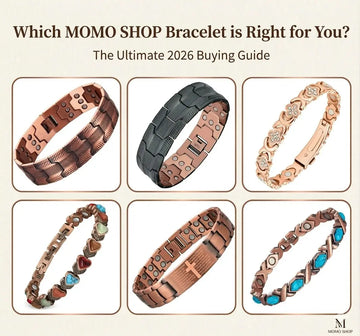 MOMO SHOP ultimate buying guide cover: Comparing Faith Cross, Tire Tread, and Sleek Minimalist copper magnetic bracelets for men