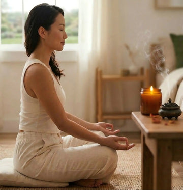 MOMO SHOP holistic wellness 2026: Woman wearing copper magnetic bracelet during mindfulness practice