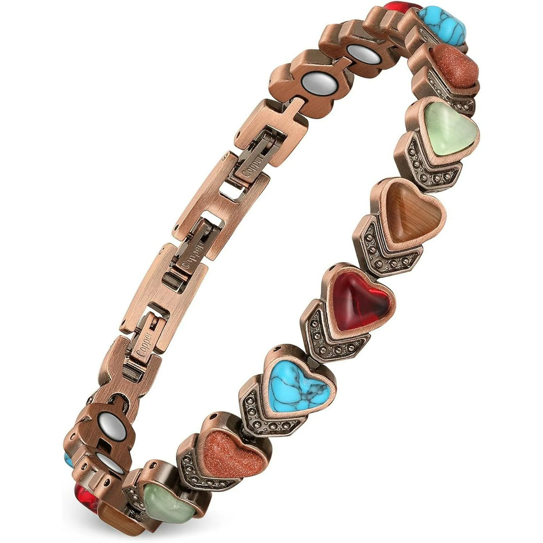 Ladies Copper Magnetic Therapy Bracelet - turquoise hearts