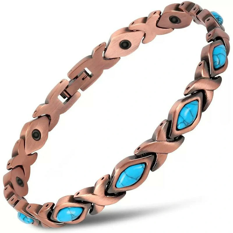 Ladies Copper Magnetic Therapy Bracelet - turquoise hearts